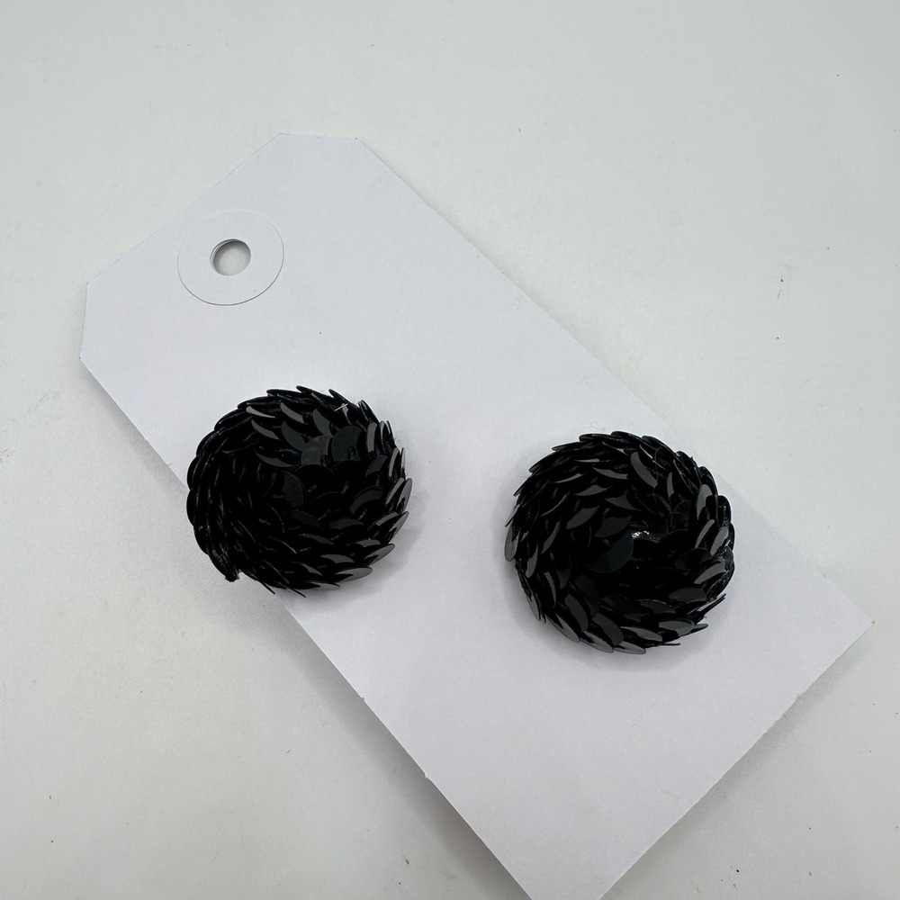 Vtg 80s Black Sequin Domed Button Stud Earrings Retro Glam Statement 1 Inch Goth